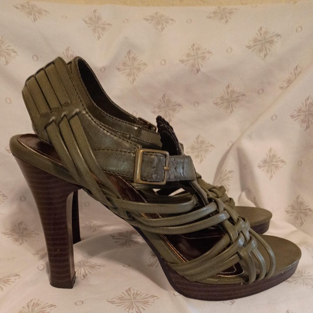 Dollhouse Heels Women's 7 | Strappy Green-Woven Casual Open-Toe Buckle Stiletto